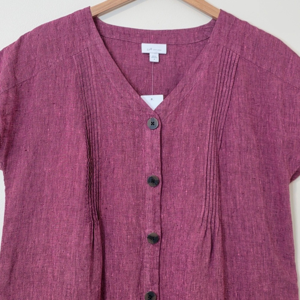 J Jill Love Linen Button Front Pintuck Dress Sz M Boxy Coastal Shift Lagenlook - Picture 3 of 13